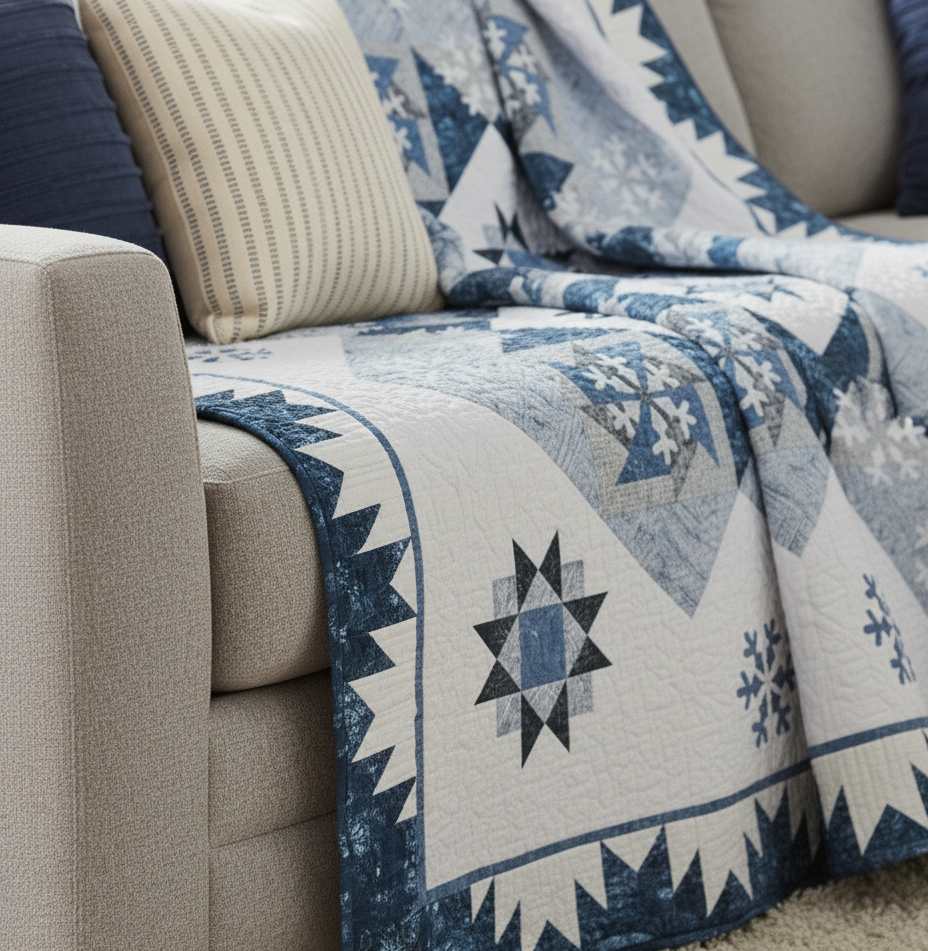 Frosted Sky Quilt Pattern: Winter-Inspired Patchwork Quilt with Snowflake Appliqué