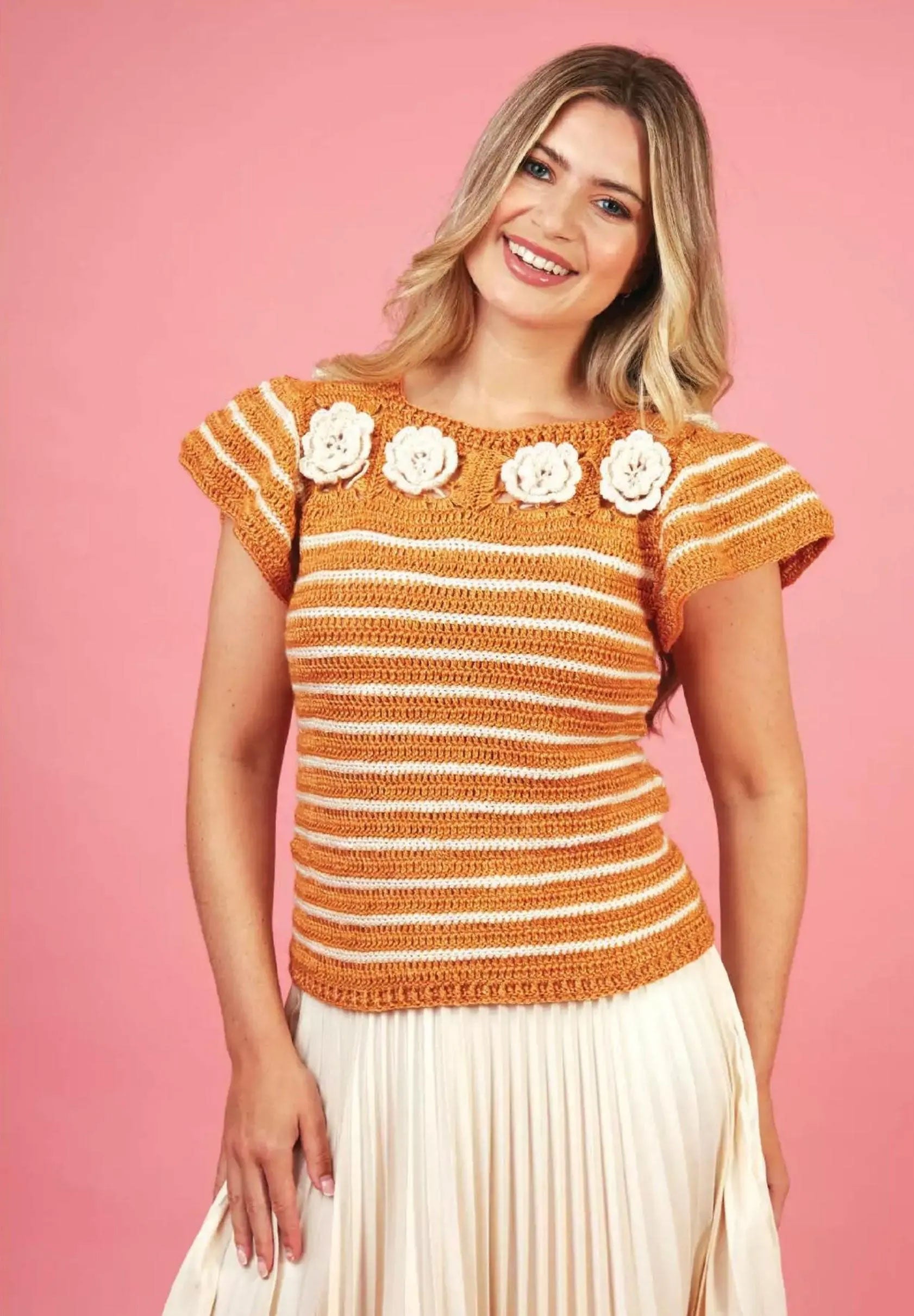 Grandiflora Crochet Top Pattern – Women’s Flutter Sleeve Tee with 3D Flower Motifs