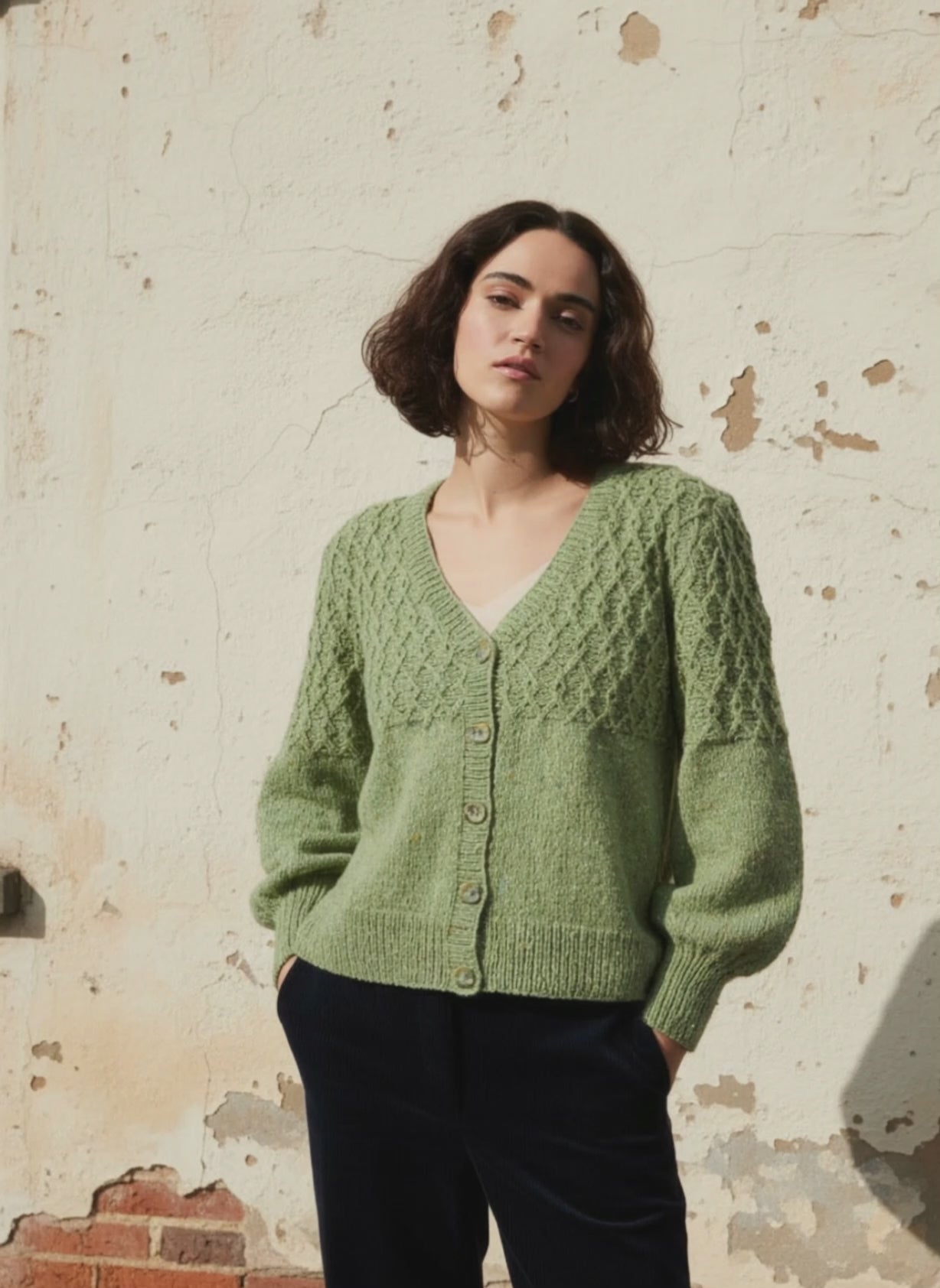Aurora Lattice Cardigan Knitting Pattern: V-Neck Cable Knit Sweater with Balloon Sleeves